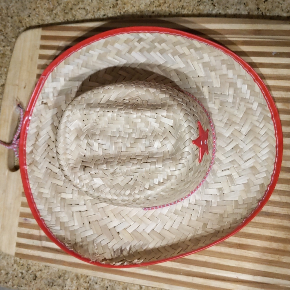 Red trimmed womens straw cowboy hat with chinstrap - Picture 3 of 4